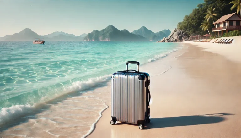 Maleta moderna sobre una playa con arena blanca y el mar turquesa de fondo, representando viajes baratos y accesibles en 2025