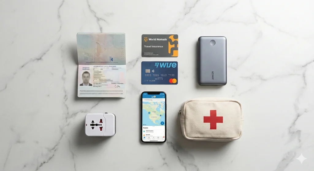 Imagen con multiples objetos, telefonos, tarjetas, pasaporte, botiquin: Imagen de la categoria productos y servicios para viajeros del blog de viajes chillviajes.com