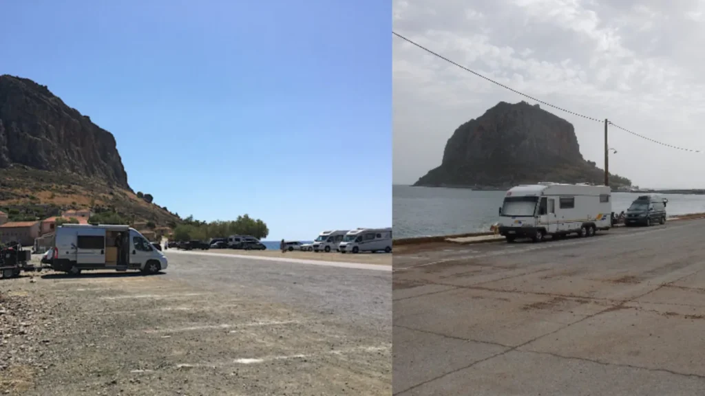 monemvasia dentro vs fuera castillo alojamiento comparativa

