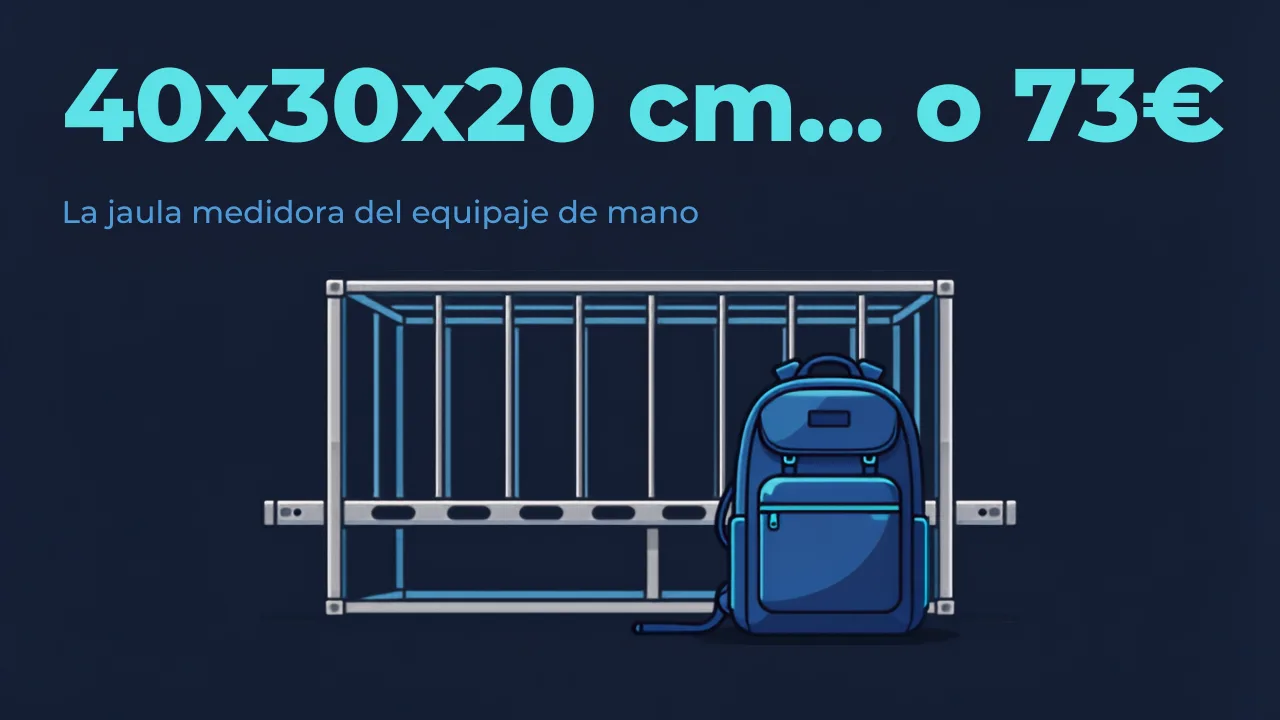 Equipaje de mano Wizz Air: mochila de 40x30x20 cm junto a la jaula medidora del aeropuerto, la que decide si pagas 0€ o 73€