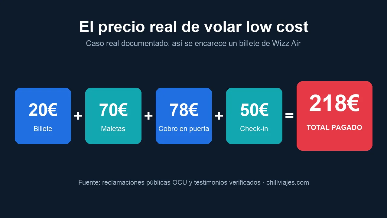 Desglose del precio real de volar con Wizz Air: 20€ de billete + 70€ de maletas + 78€ de cobro en puerta + 50€ de check-in = 218€ en total