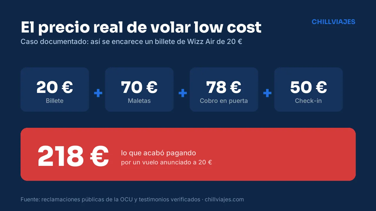 Desglose del precio real de un vuelo de Wizz Air: 20 euros de billete más maletas, cobro en puerta y check-in hasta 218 euros