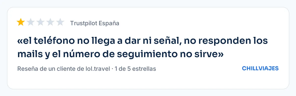 Reseña de un cliente de lol.travel en Trustpilot sobre la falta de atención telefónica