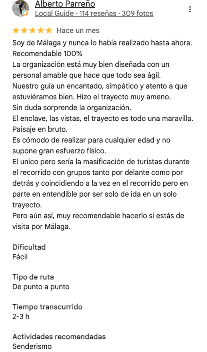 Reseña de cinco estrellas del Caminito del Rey en Google: un malagueño que lo hace por primera vez y lo recomienda al cien por cien