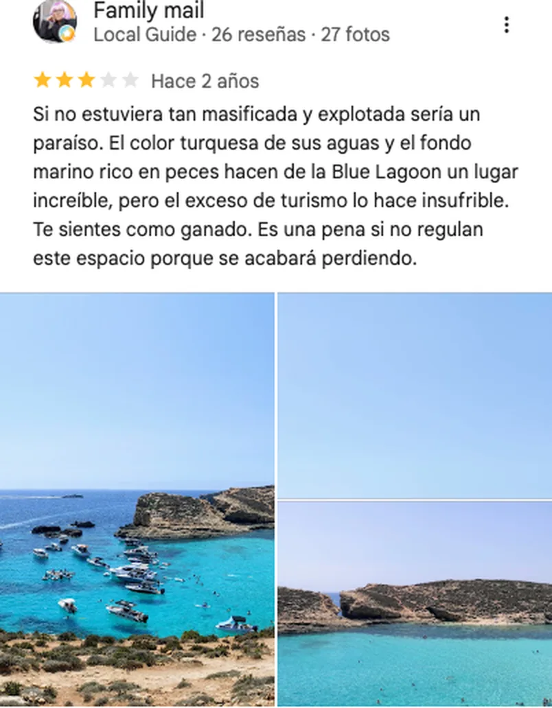 Reseña de tres estrellas de la Laguna Azul de Comino en Google: sería un paraíso si no estuviera tan masificada, te sientes como ganado