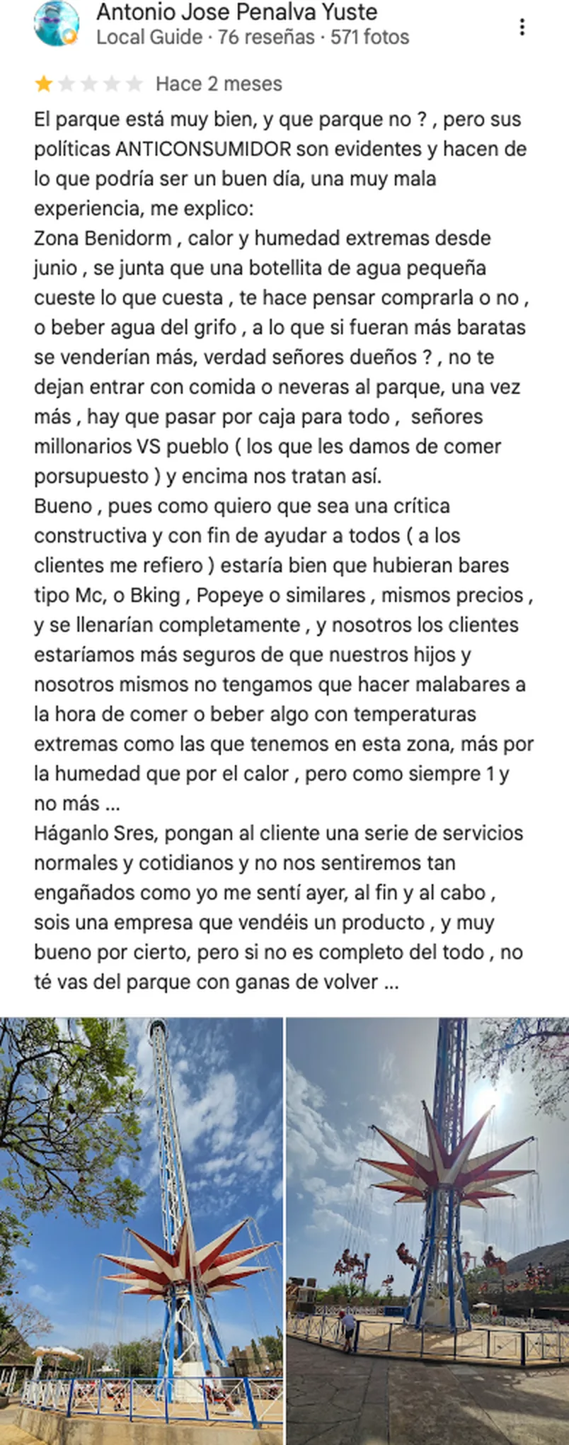 Reseña de una estrella de Terra Mítica en Google: critica la política de no dejar entrar comida y el precio del agua en plena ola de calor