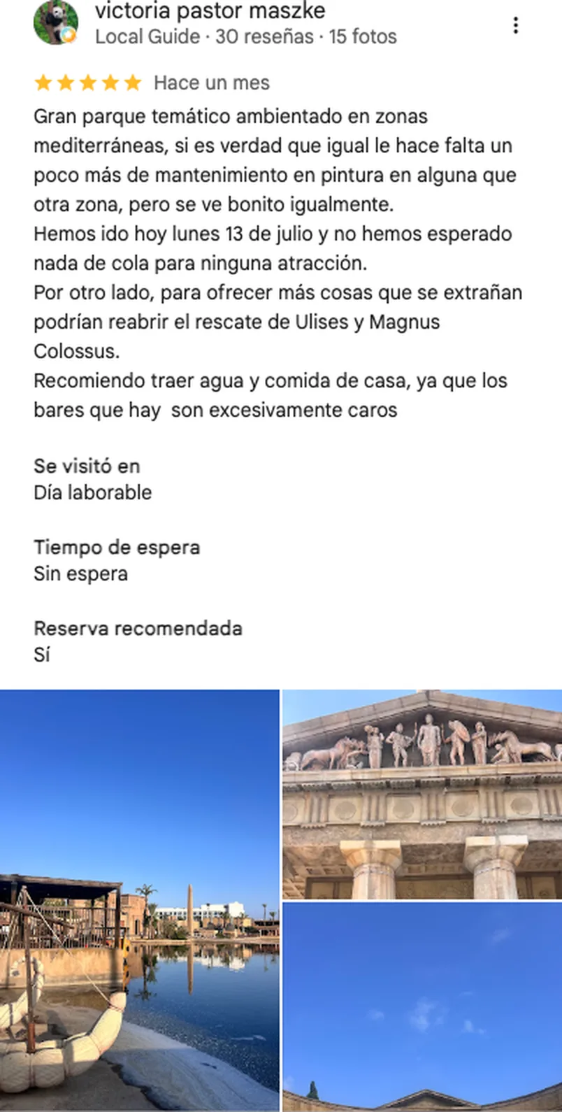Reseña de cinco estrellas de Terra Mítica en Google: un lunes de julio sin esperas y el parque bien cuidado