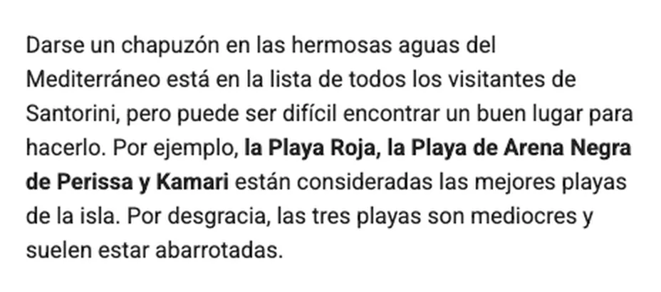 Captura de un blog de viajes que dice que las tres playas principales de Santorini son mediocres y están abarrotadas