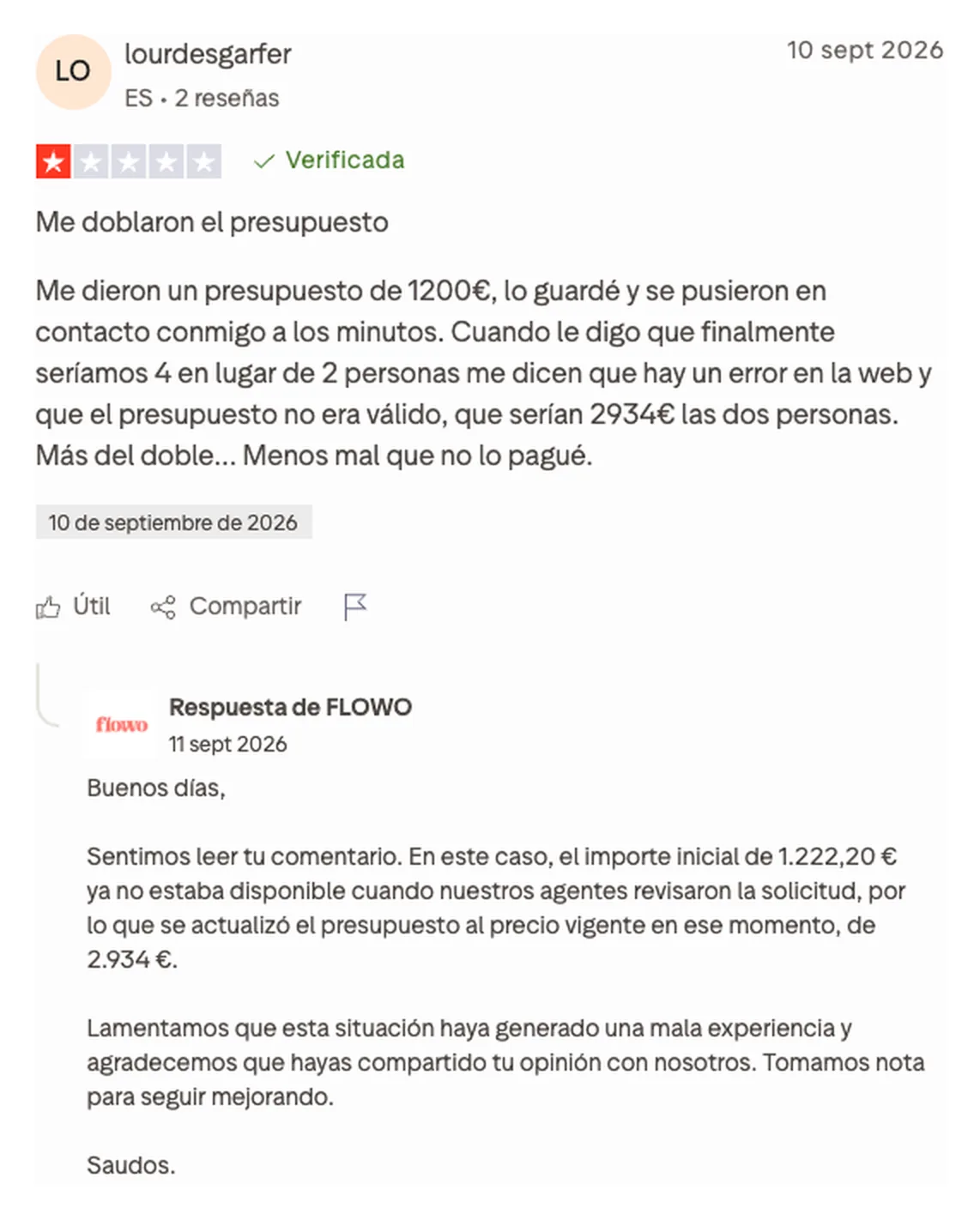 Captura de una reseña de Flowo en Trustpilot: un presupuesto de 1.200 euros que pasó a 2.934, con la respuesta de la empresa