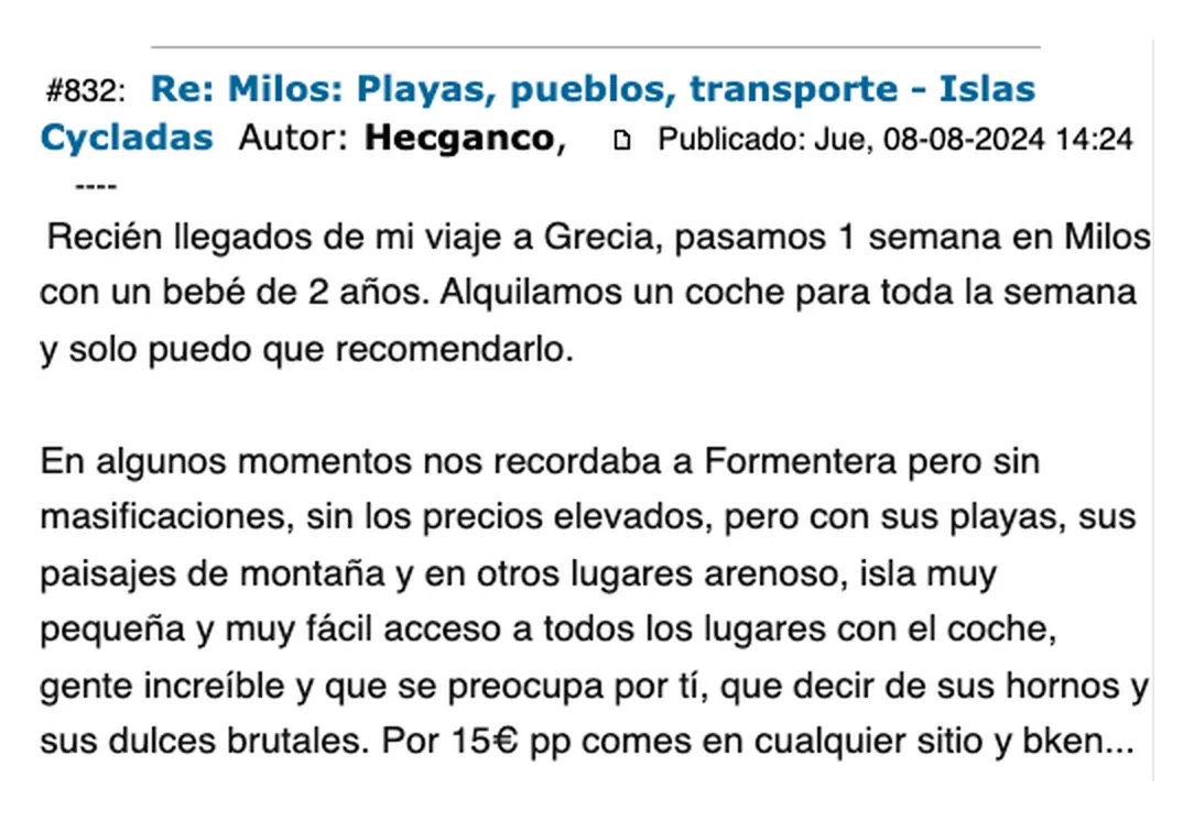 Captura de un mensaje del foro Los Viajeros que compara Milos con Formentera sin masificaciones