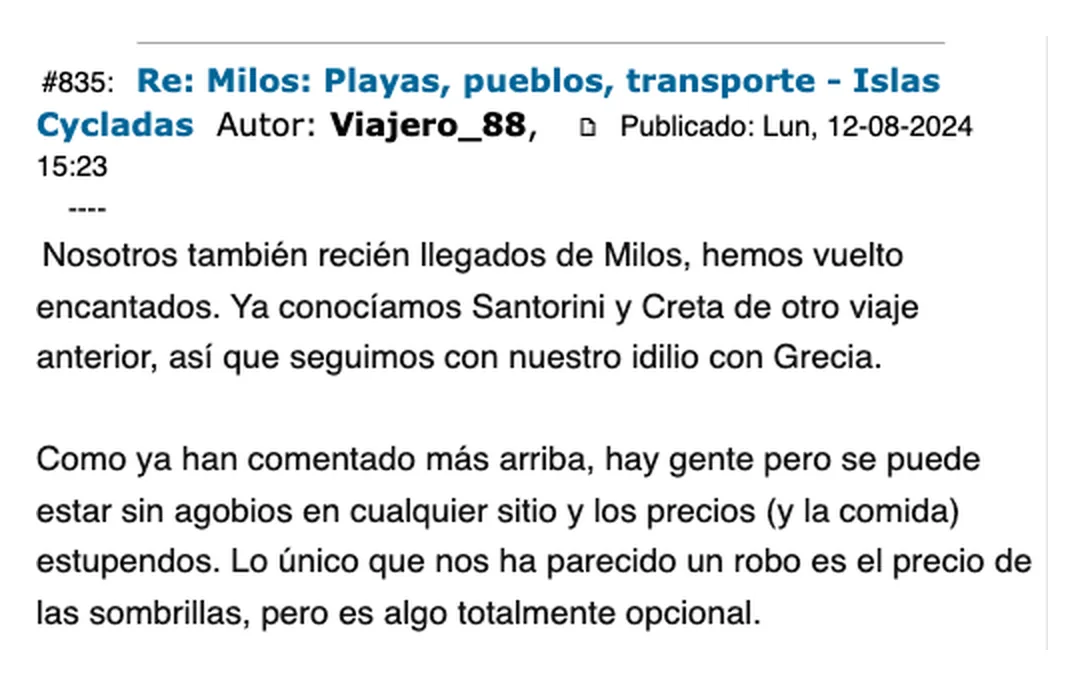 Captura de un mensaje del foro Los Viajeros que se queja del precio de las sombrillas en Milos