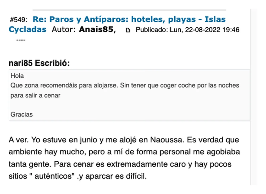Captura de un mensaje del foro Los Viajeros sobre la gente y los precios de cenar en Naoussa