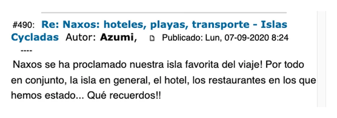 Captura de un mensaje del foro Los Viajeros que dice que Naxos fue la isla favorita del viaje