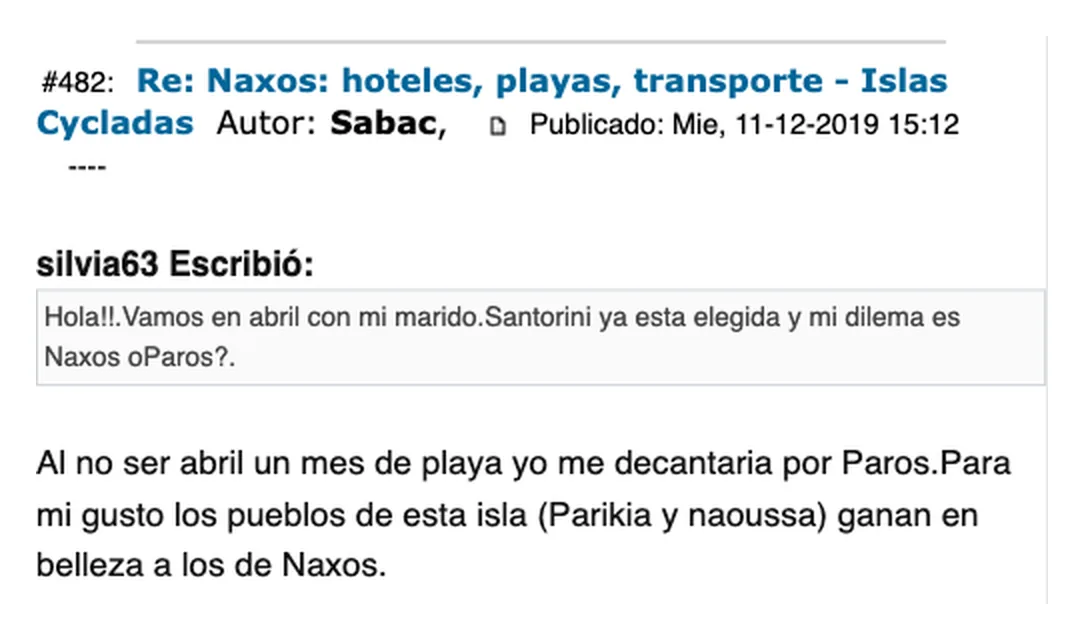 Captura de un mensaje del foro Los Viajeros que prefiere los pueblos de Paros a los de Naxos